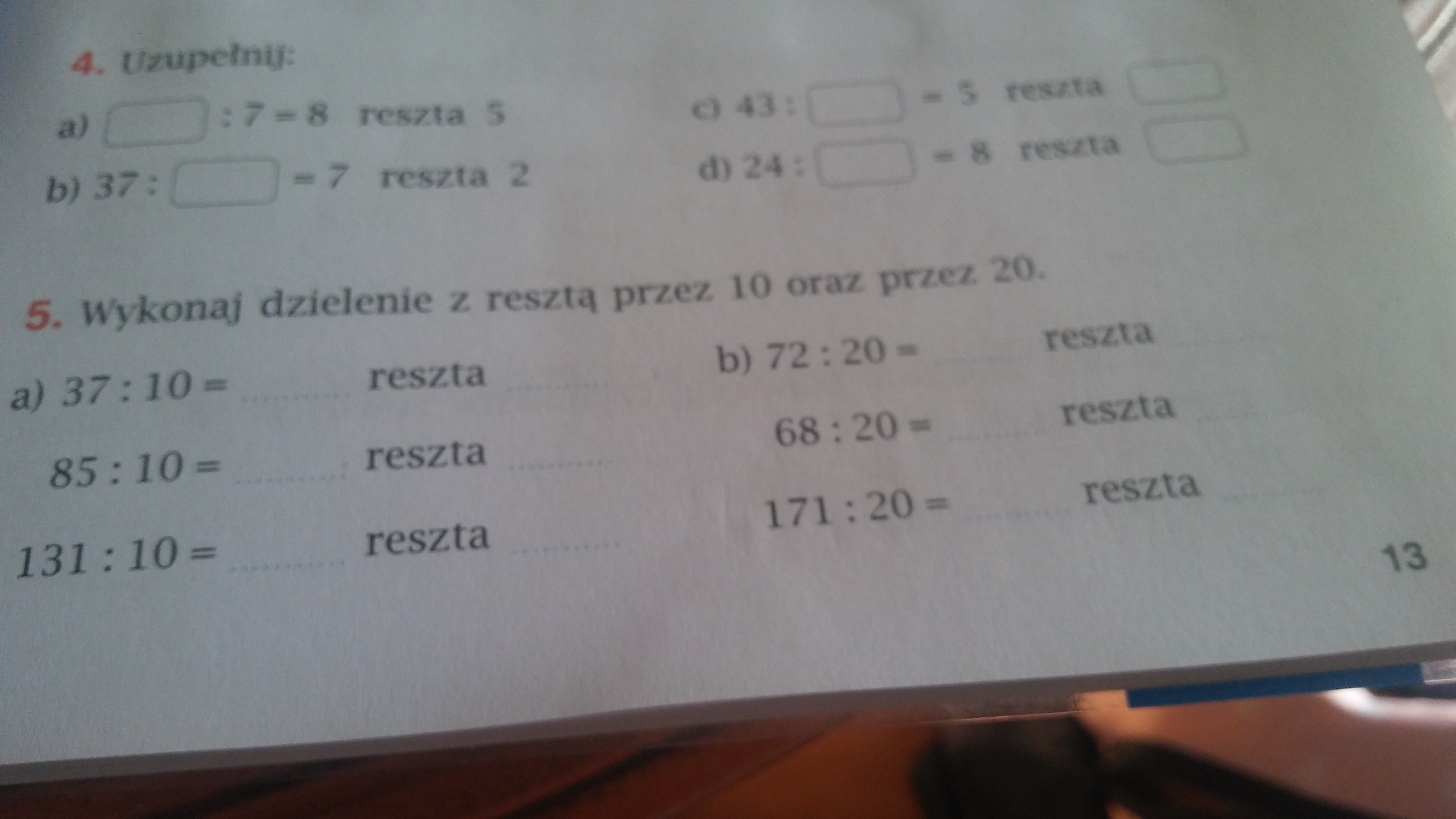 Uzupelnij Dzielenie Z Reszta Przez 10 Oraz Przez 20