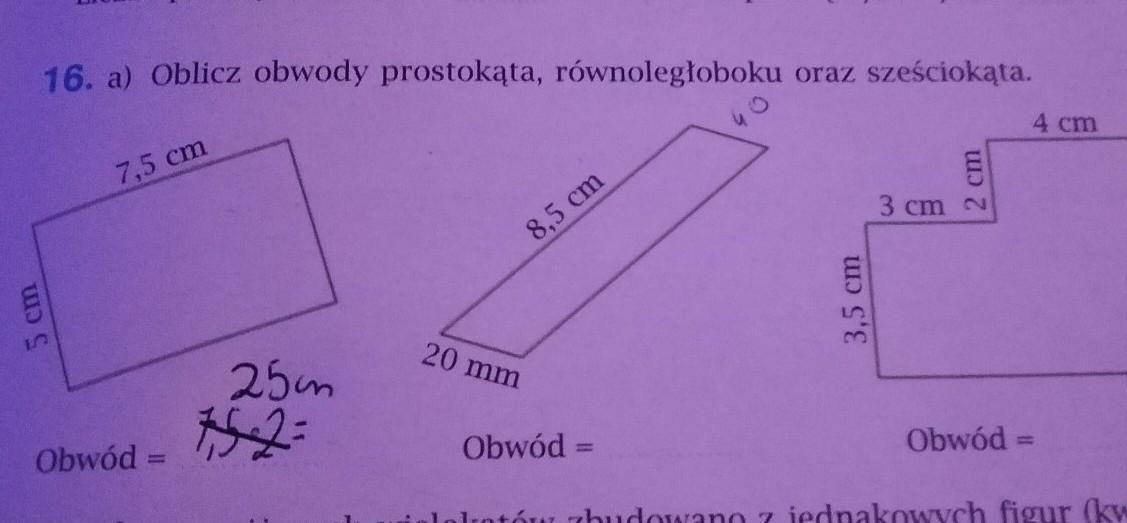 16. a) Oblicz obwody prostokąta, równoległoboku oraz sześciokąta. 4 cm Oblicz Obwody Prostokąta Równoległoboku Oraz Sześciokąta