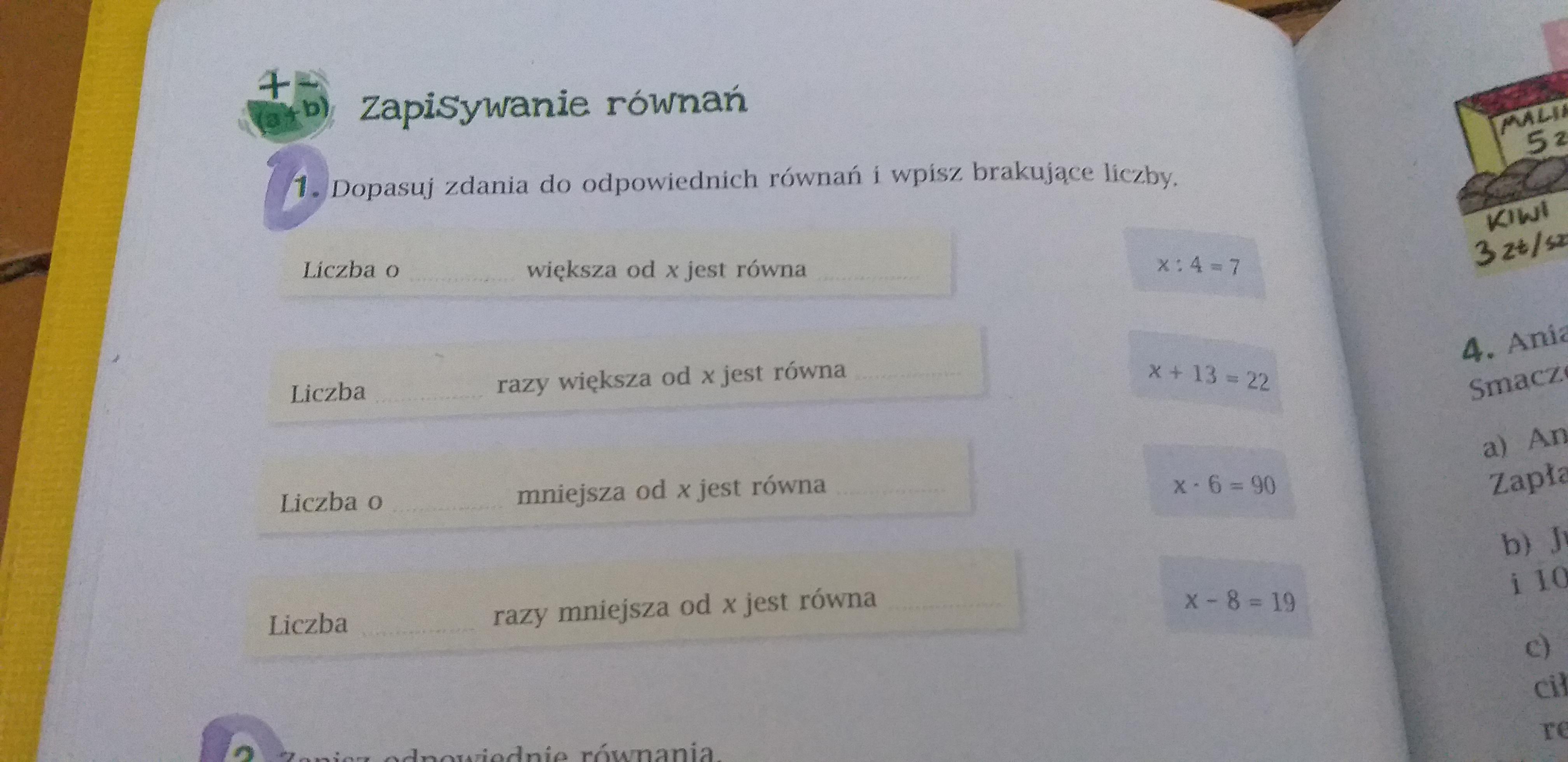 Dopasuj Zdania Do Odpowiednich Rownan I Wpisz Brakujace Liczby