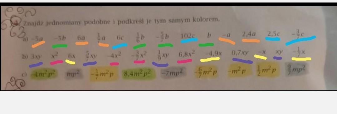 2,4a2.503.-ab-5) 60Znajdz jednomiany podobne i podkresl je tym samym Znajdz Jednomiany Podobne I Podkrsl Je Tym Samym Kolorem