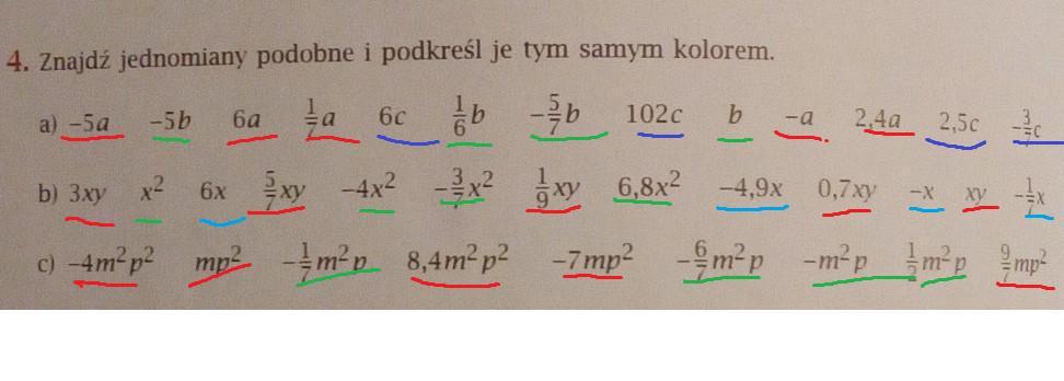 4. Znajdź jednomiany podobne i podkreśl je tym samym kolorem.a) -50 Znajdz Jednomiany Podobne I Podkrsl Je Tym Samym Kolorem