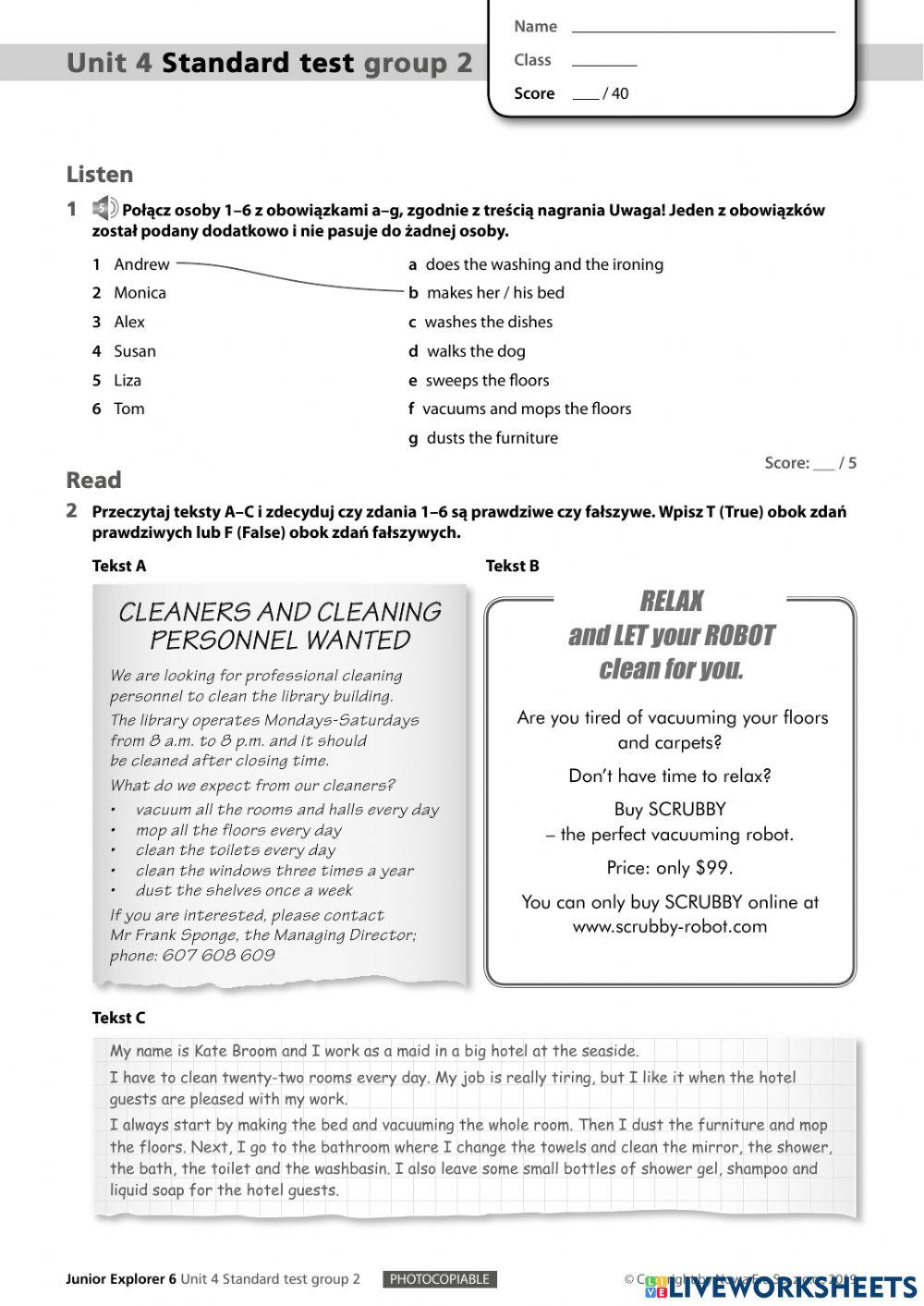 4721455 | Junior Explorer 6 Standard Test Unit 4 (grupa Junior Explorer 6 Testy Pdf