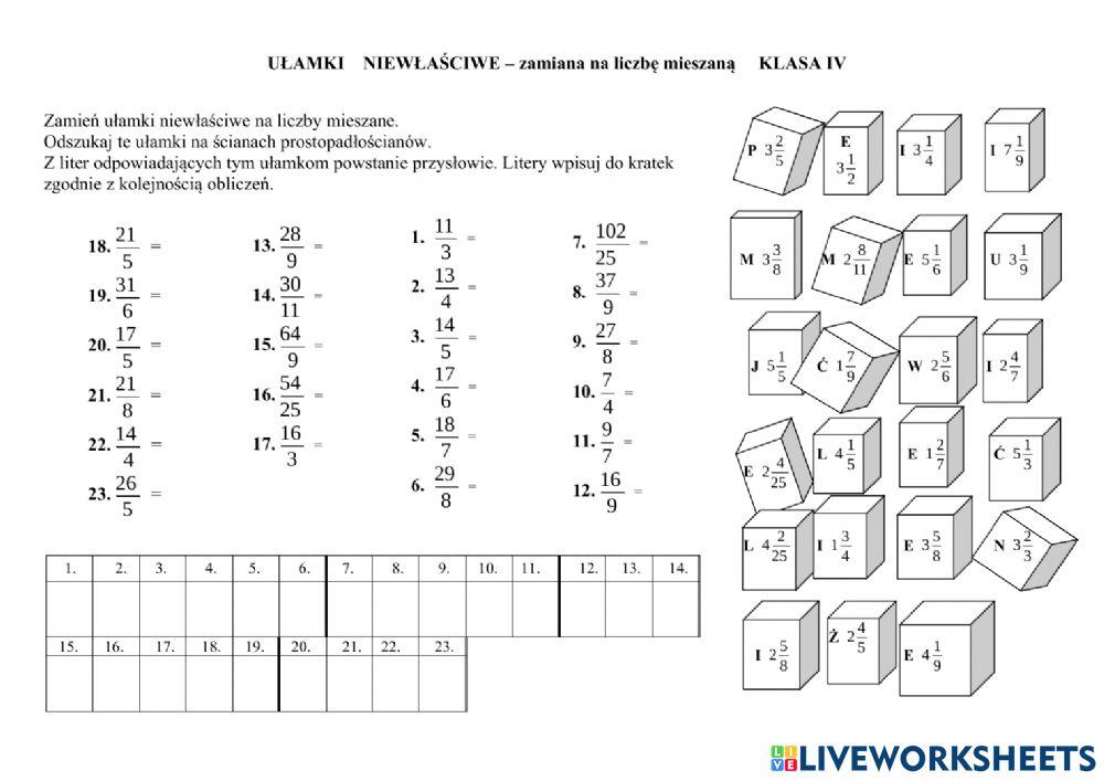 4991031 | KARTA PRACY - Ułamki niewłaściwe ZAMIANA NA Ulamki Zwykle I Liczby Mieszane