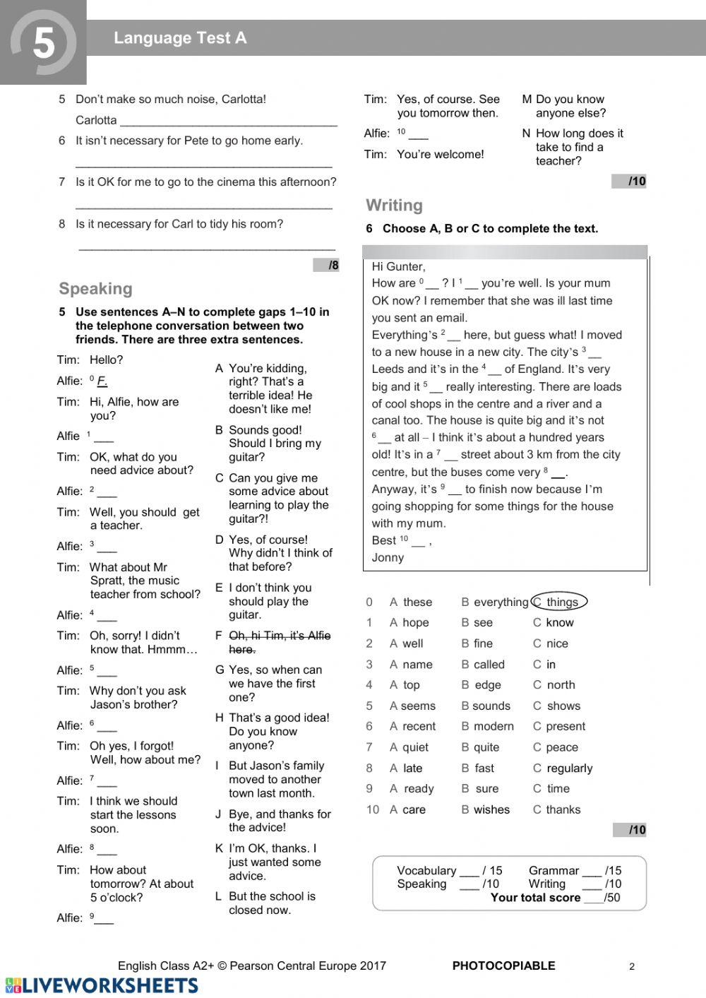 English Class A2 Uni 5 Test