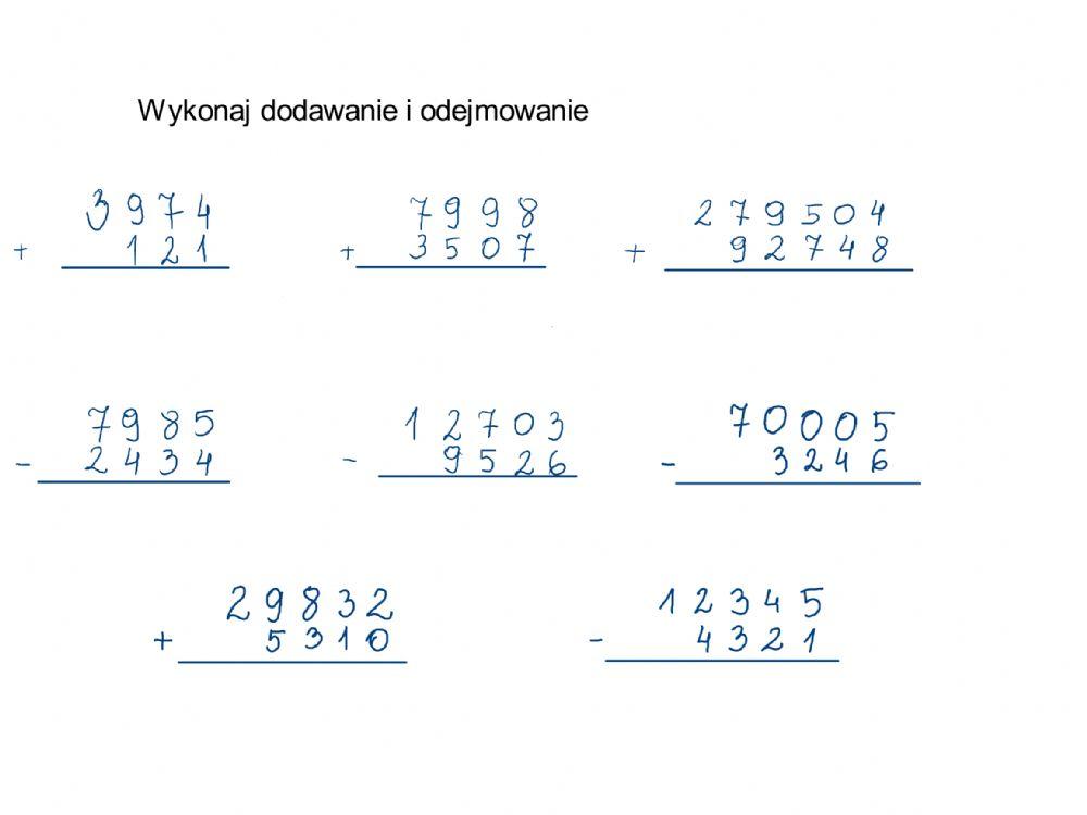 563902 | Dodawanie i odejmowanie pisemne | Agata Bielska Dodawanie I Odejmowanie Pisemne Sprawdzian Klasa 4