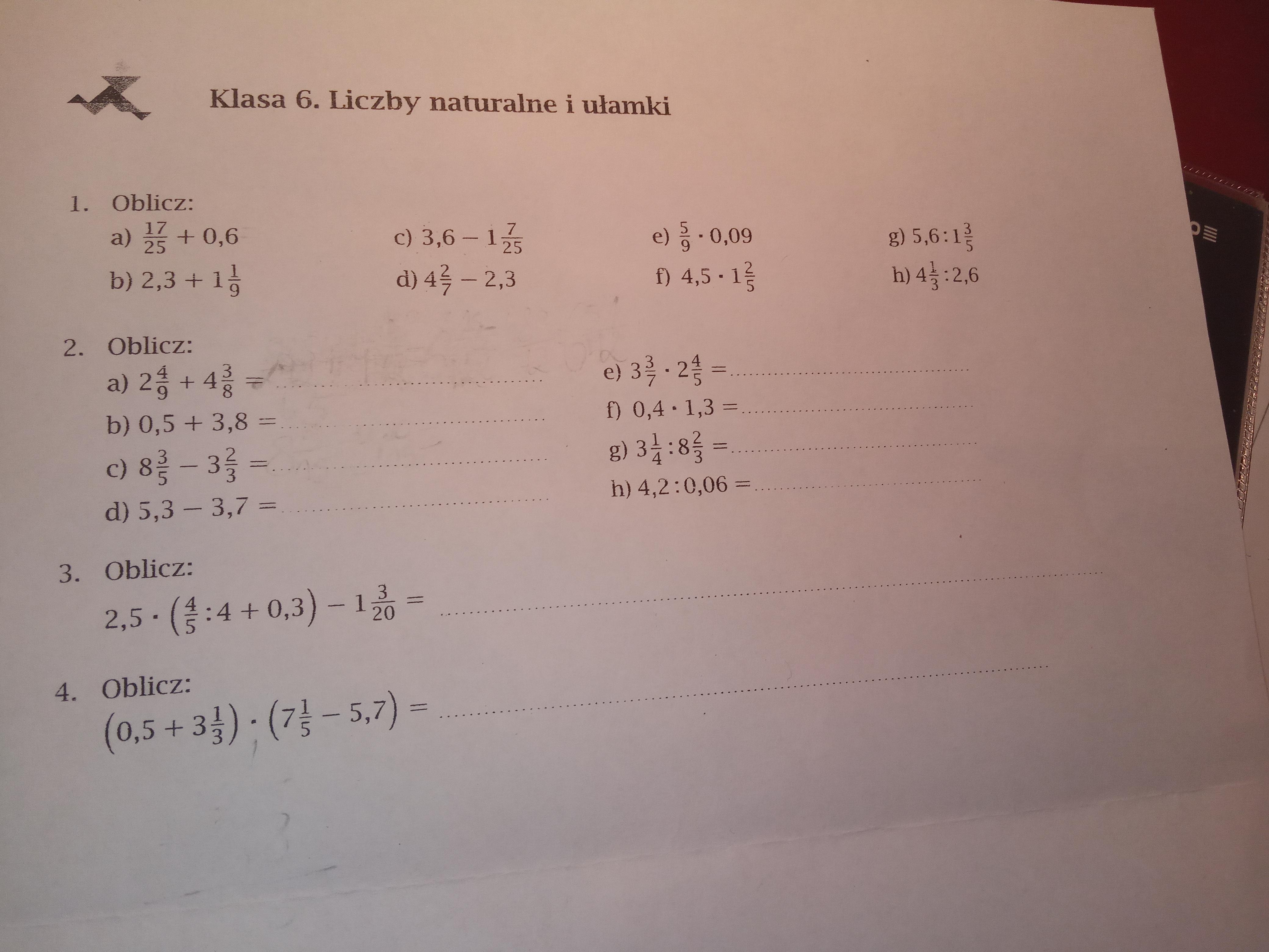 6 przykładòw klasa 6 liczby naturalne i ułamki - Brainly.pl Kartkówka Z Matematyki Klasa 6