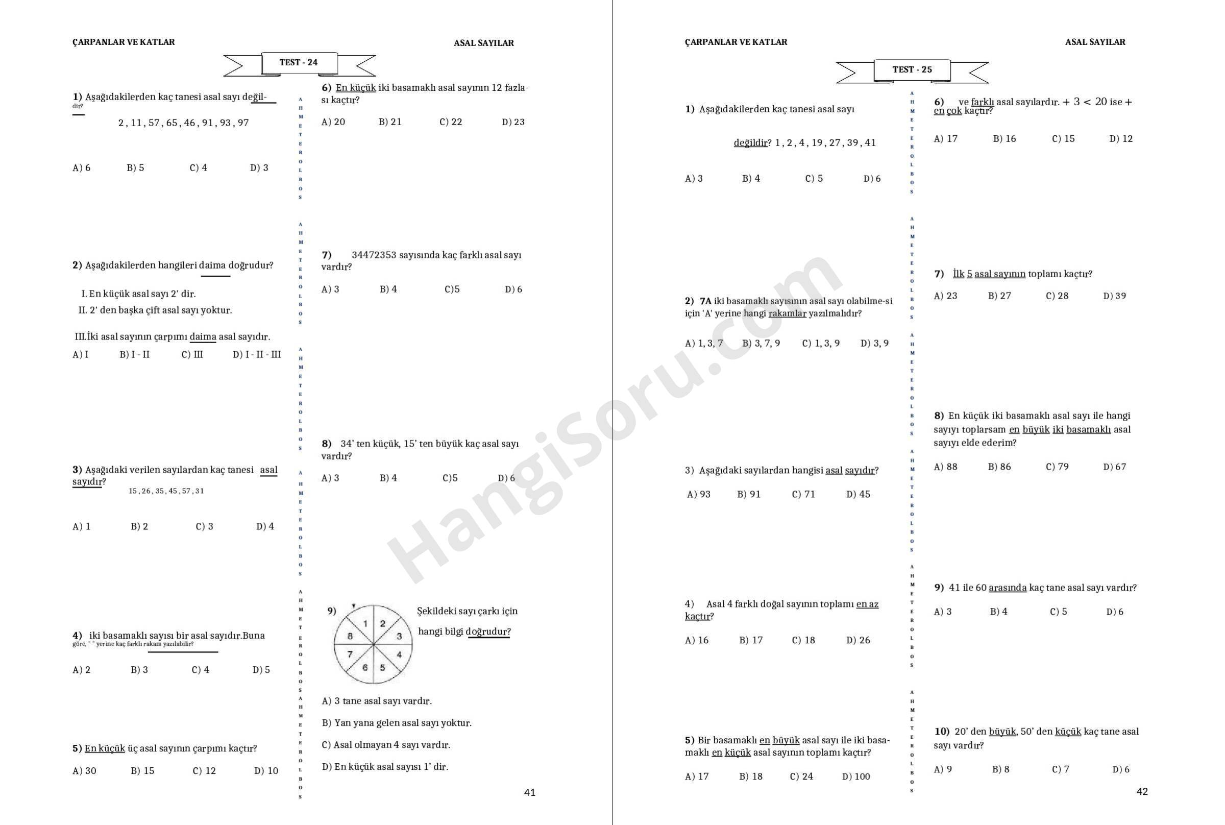 6. Sınıf Matematik Asal Sayılar Testi - HangiSoru Test Klasa 6