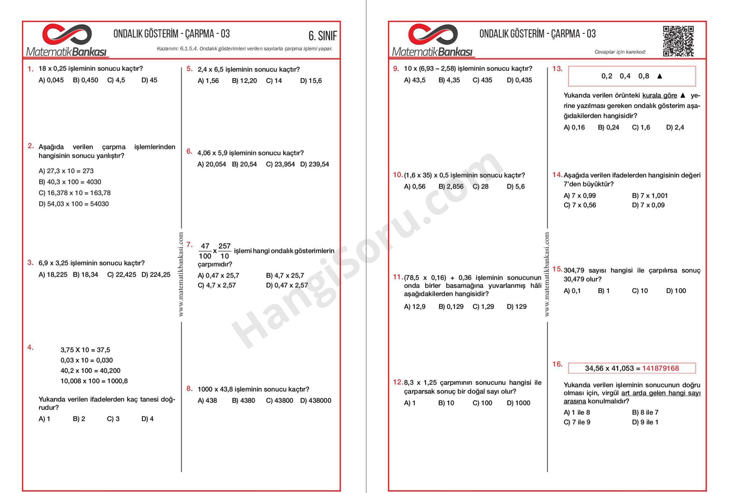 6. Sınıf Matematik Ondalık Gösterim Çarpma Testi PDF - HangiSoru Test Klasa 6
