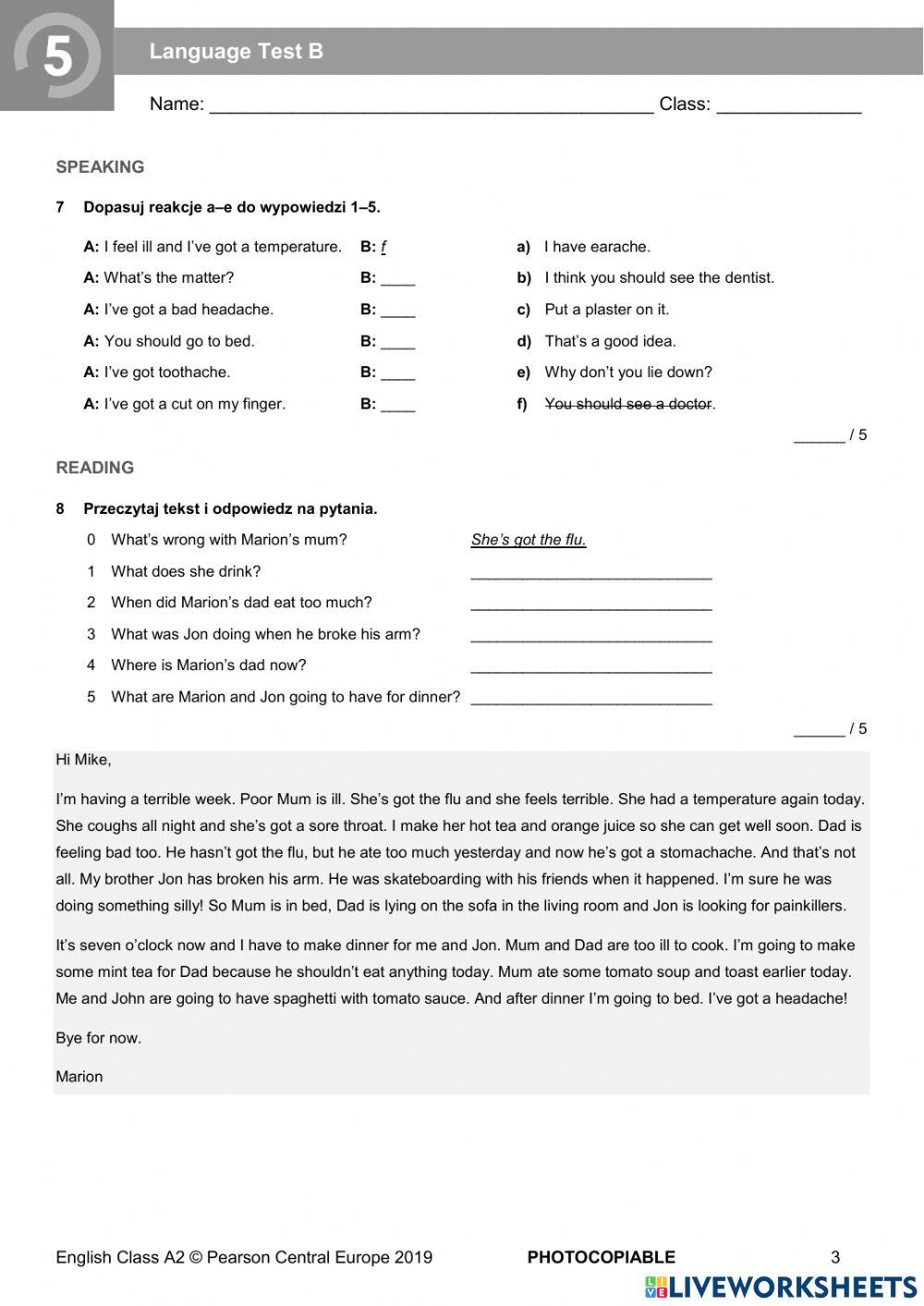6480285 | english class A2 unit 5 test | Olga English Class A2 Uni 5 Test