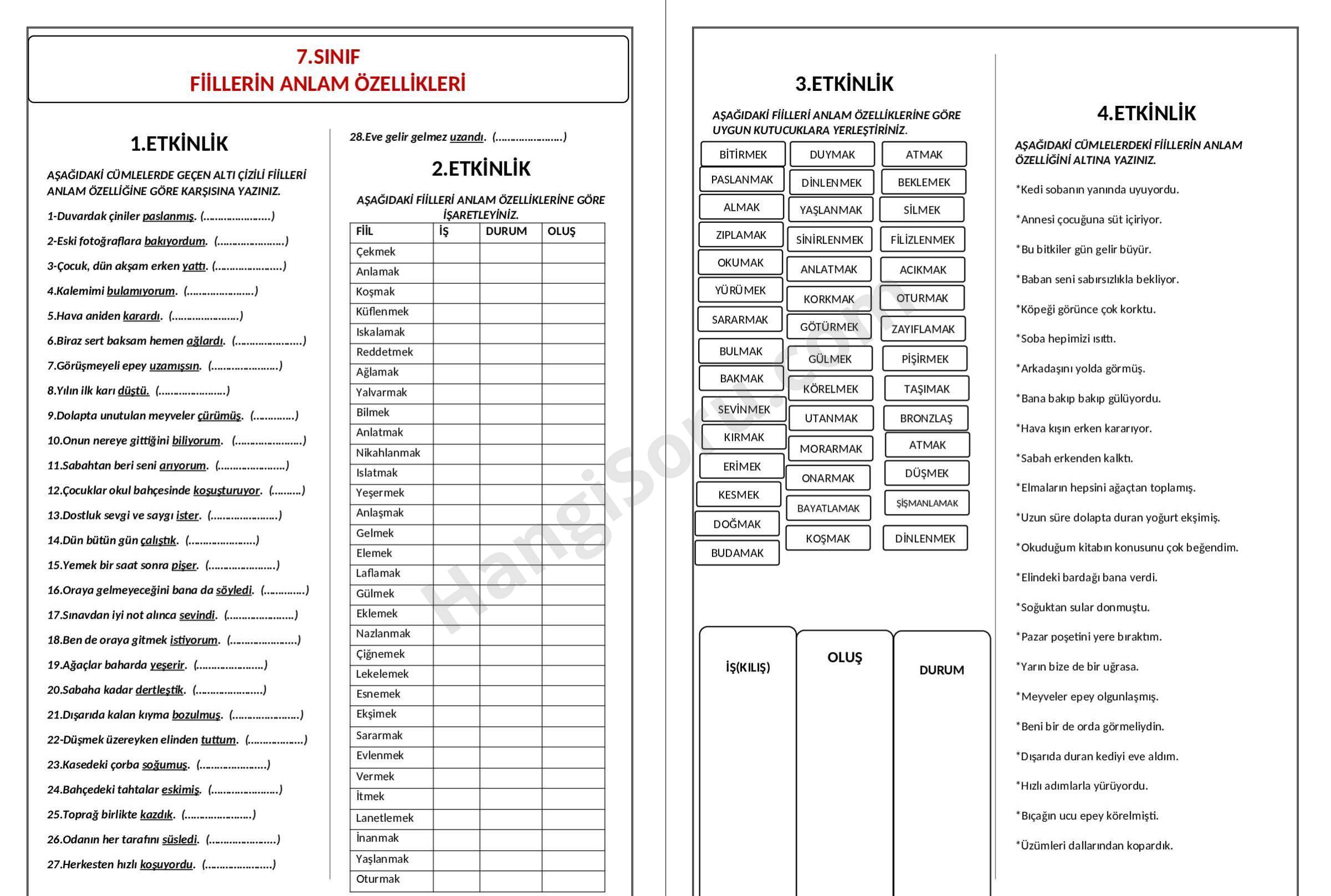 7. Sınıf Türkçe Fiilde Anlam Testi ve Çalışma Kağıdı - HangiSoru Test Klasa 7
