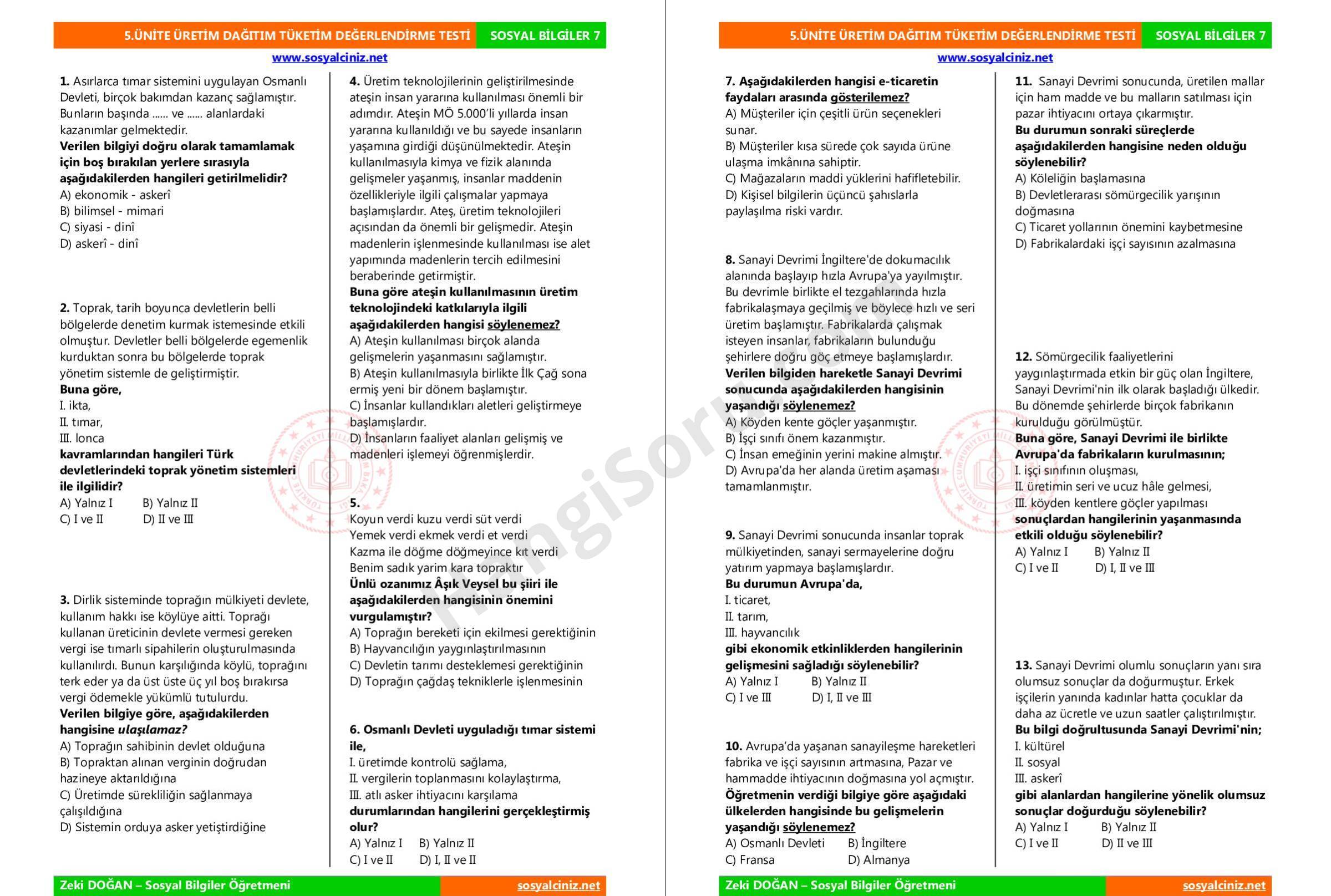 7.Sınıf Sosyal Bilgiler 5.Ünite Üretim Dağıtım Tüketim Testi ve Test Klasa 7