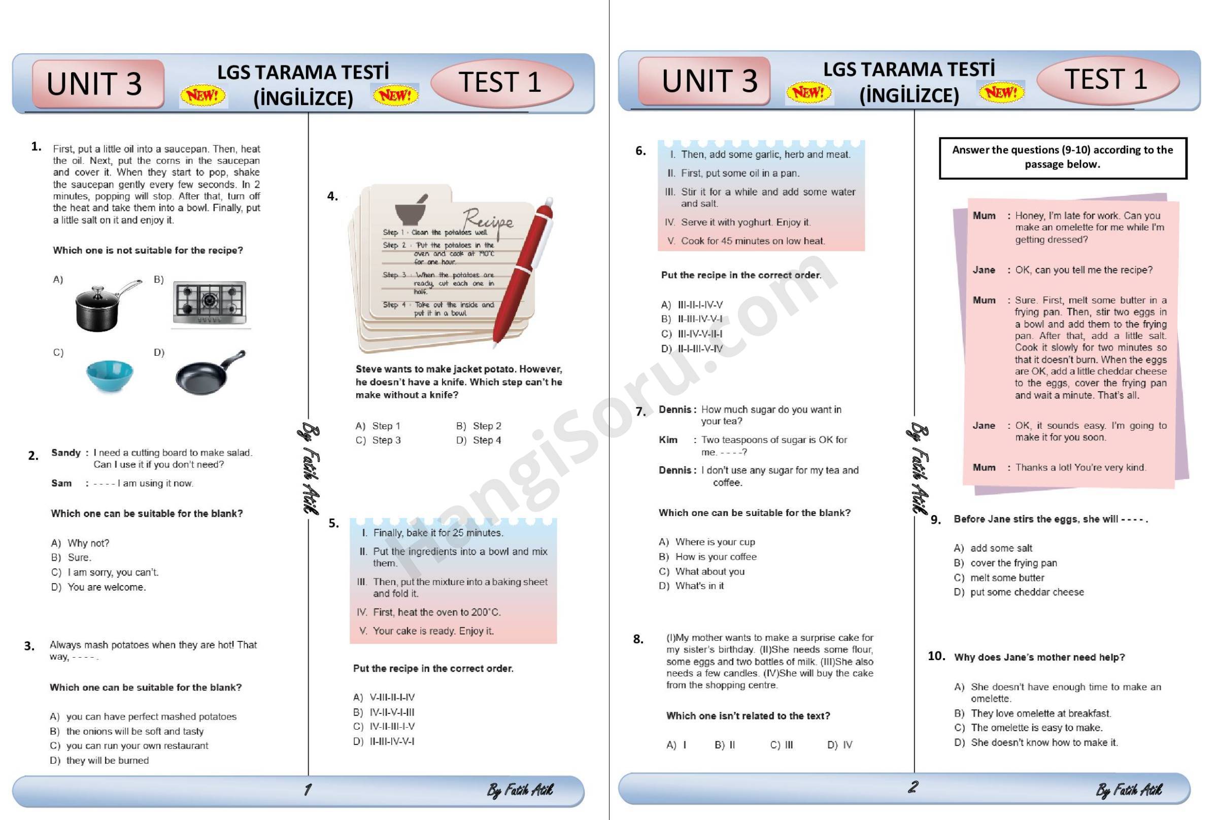 8. Sınıf 3. Ünite In The Kitchen Testi ve Cevapları PDF (4 Test Focus 3 Unit 1 Test Pdf