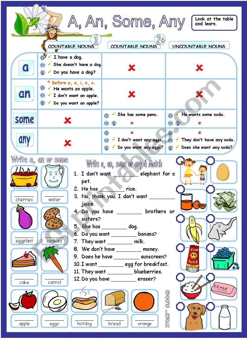 A, an, some & any with countable & uncountable nouns - guide Some Any A An Exercises Pdf
