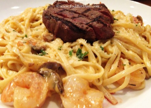 A Delicious Summer Menu: Dave & Busters & Giveaway - Toddler Trails Bistro Steak And Shrimp With Lobster Alfredo Dave And Busters
