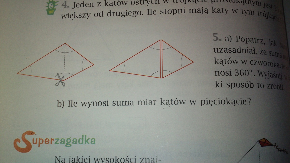 a) Popatrz, jak Mirek uzasadnił, że suma miar kątów w czworokącie Suma Miar Katow W Pieciokacie
