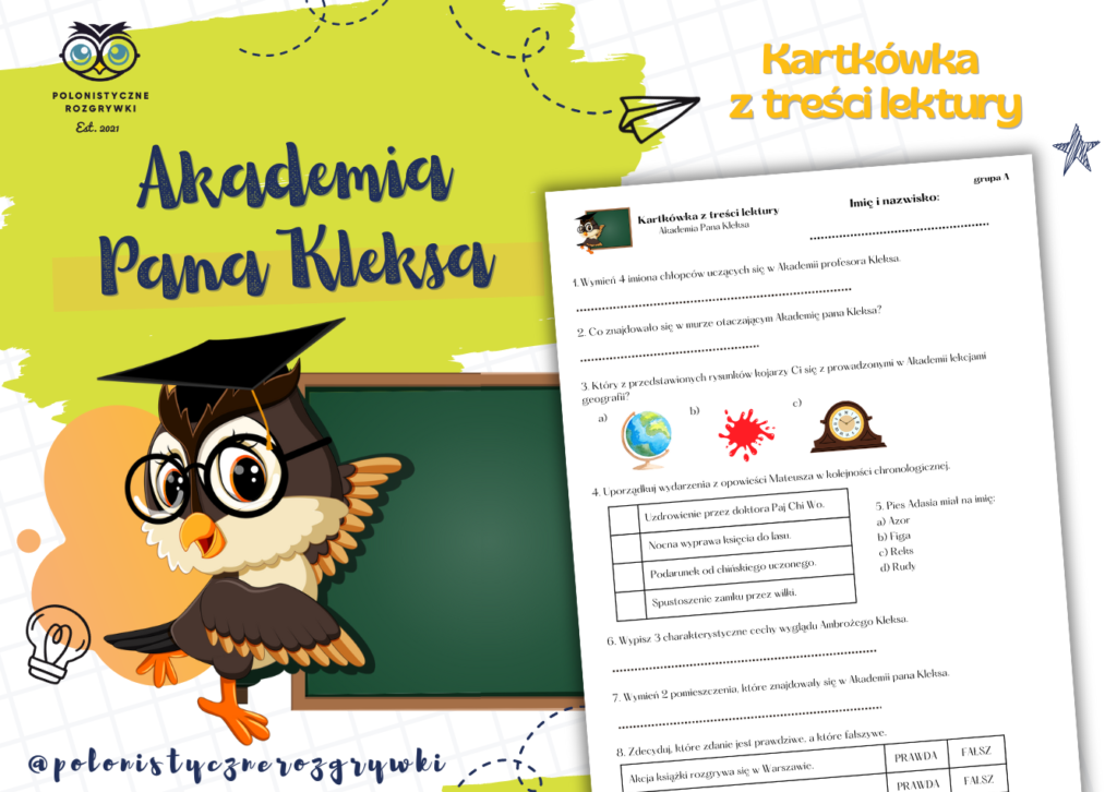 Akademia Pana Kleksa. Kartkówka z treści lektury • Złoty nauczyciel Quiz Z Lektury Akademia Pana Kleksa