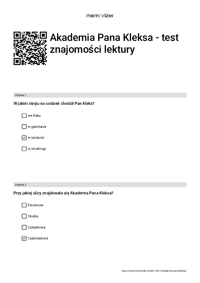 Akademia Pana Kleksa Test Z Lektury Z Odpowiedziami Do Druku Jak My Test Z Akademii Pana Kleksa