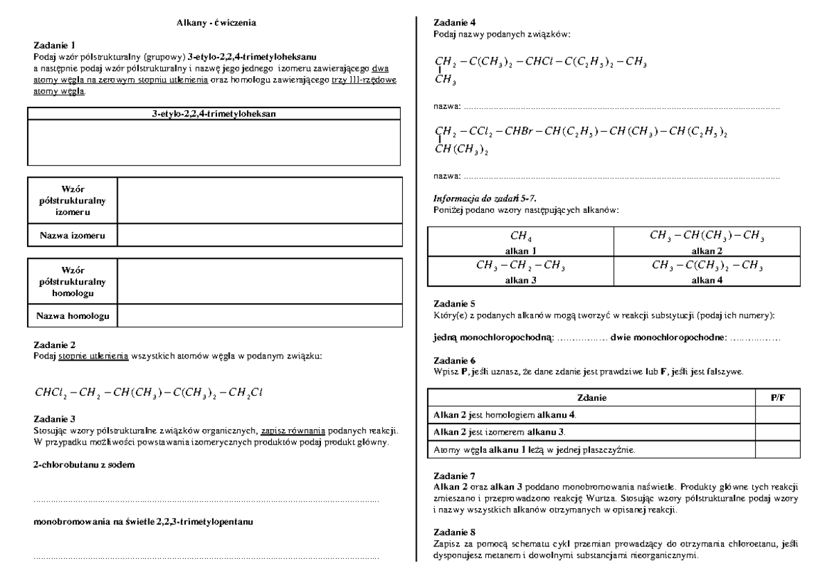 Alkany cwiczenia - chemia zadania - Alkany - wiczenia Zadanie 1 Podaj Effekt 2 Cwiczenia Odpowiedzi