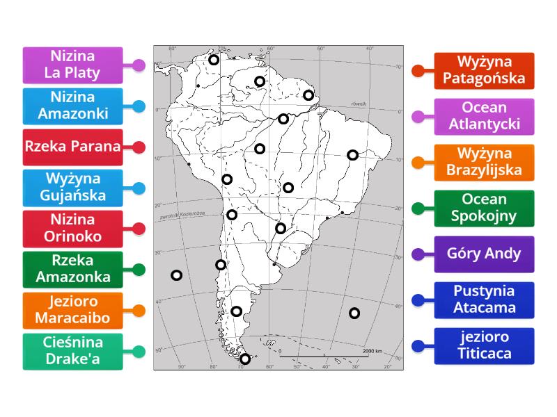 Ameryka Południowa - konturówka (geografia, klasa 8) - Labelled diagram Ameryka Sprawdzian