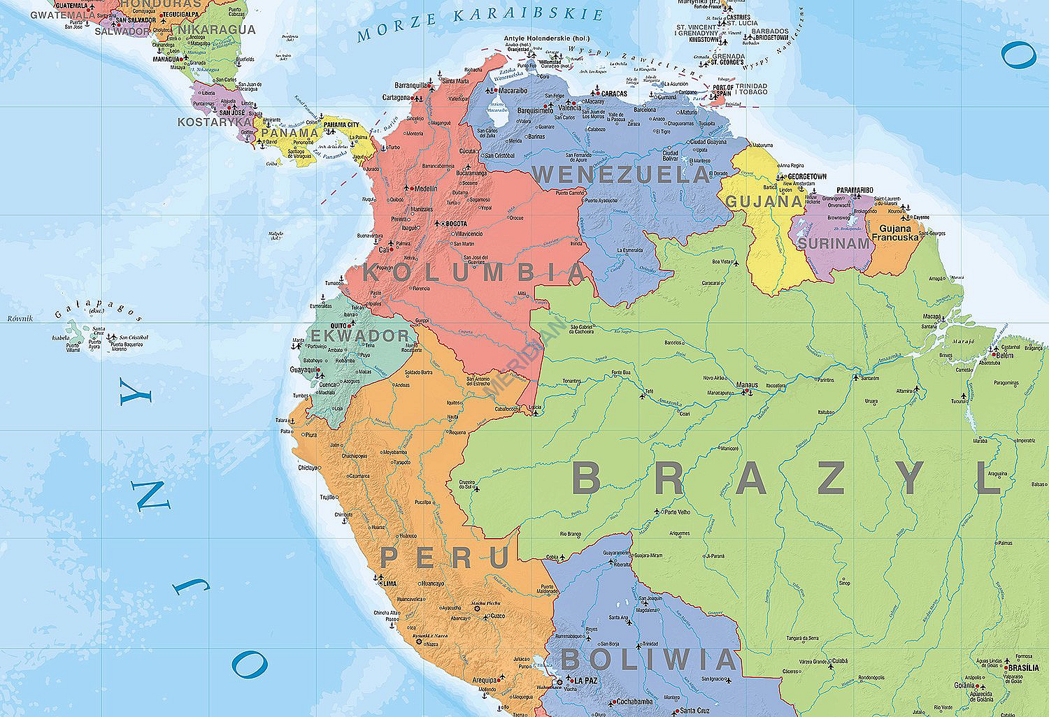 Ameryka Południowa - ścienna mapa polityczna 200 x 150 cm - Pomoce Ameryka Poludniowa Mapa Rzeki