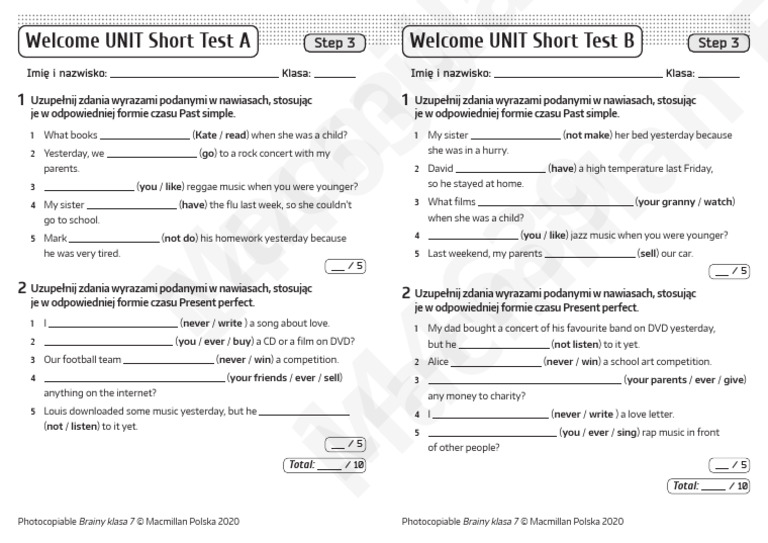 Jezyk Angielski Unit 3 Test B Klasa 6