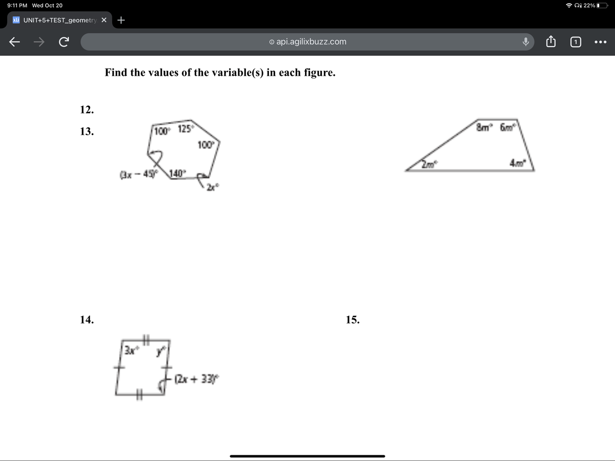 Answered: Find the values of the variable(s) in… | bartleby Tiger 3 Unit 5 Test