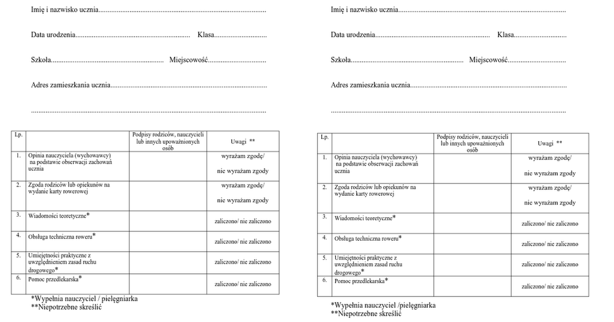 ARKUSZ ZALICZEŃ UCZNIA-2013.docx - Google Drive Arkusz Zaliczeń Ucznia Ubiegającego Się O Kartę Rowerową 2013