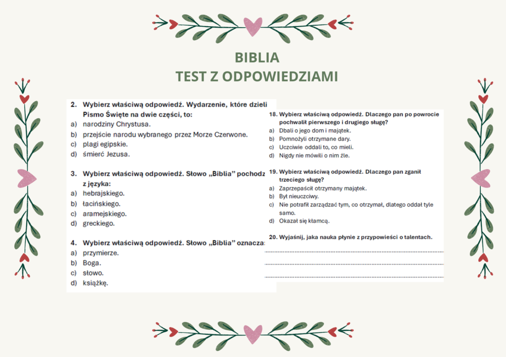 BIBLIA - test z odpowiedziami (szkoła podstawowa) • Złoty nauczyciel Kadry I Płace Test Z Odpowiedziami