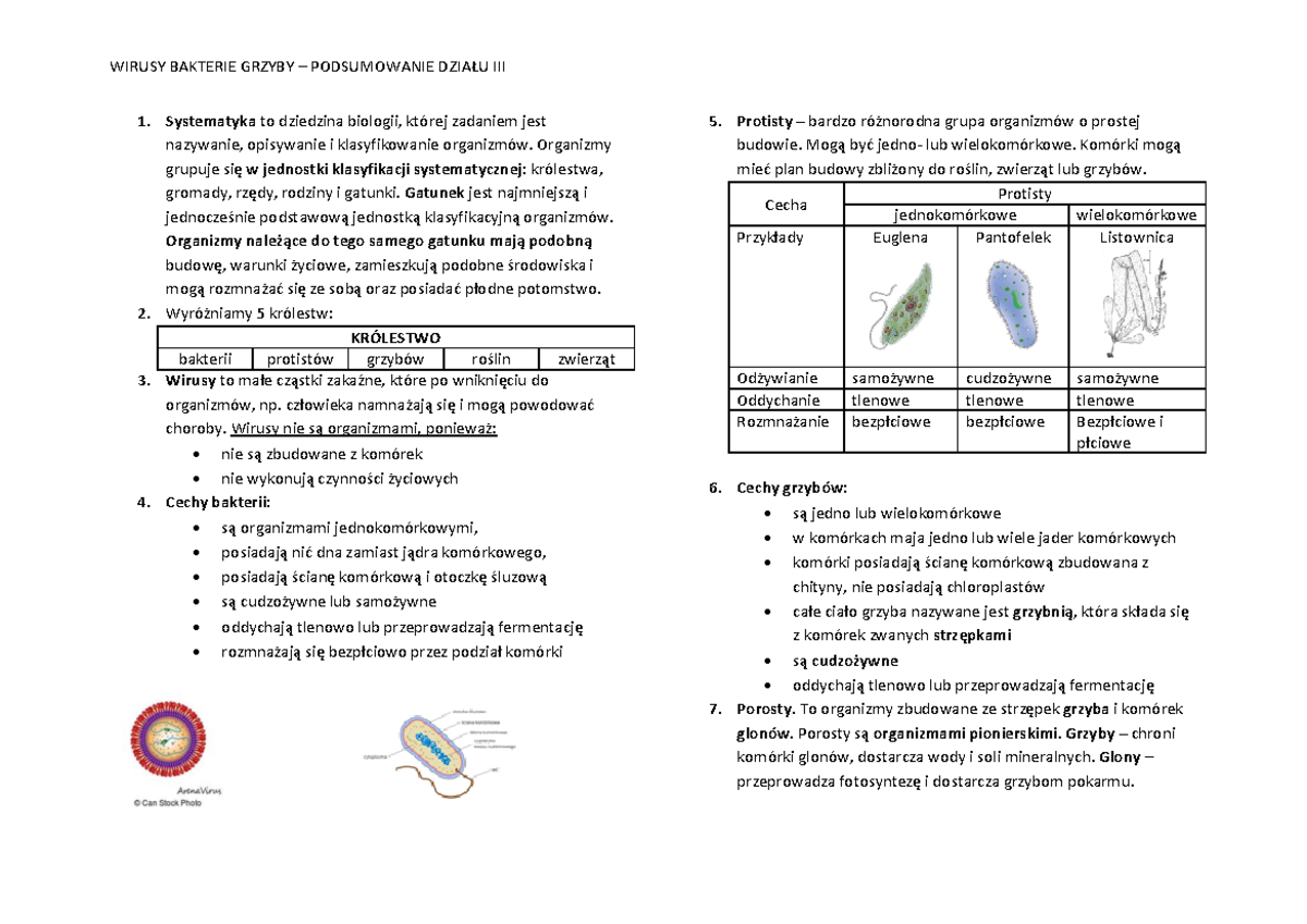 Wirusy Bakterie Protisty Grzyby Sprawdzian Klasa 5 Pdf Odpowiedzi
