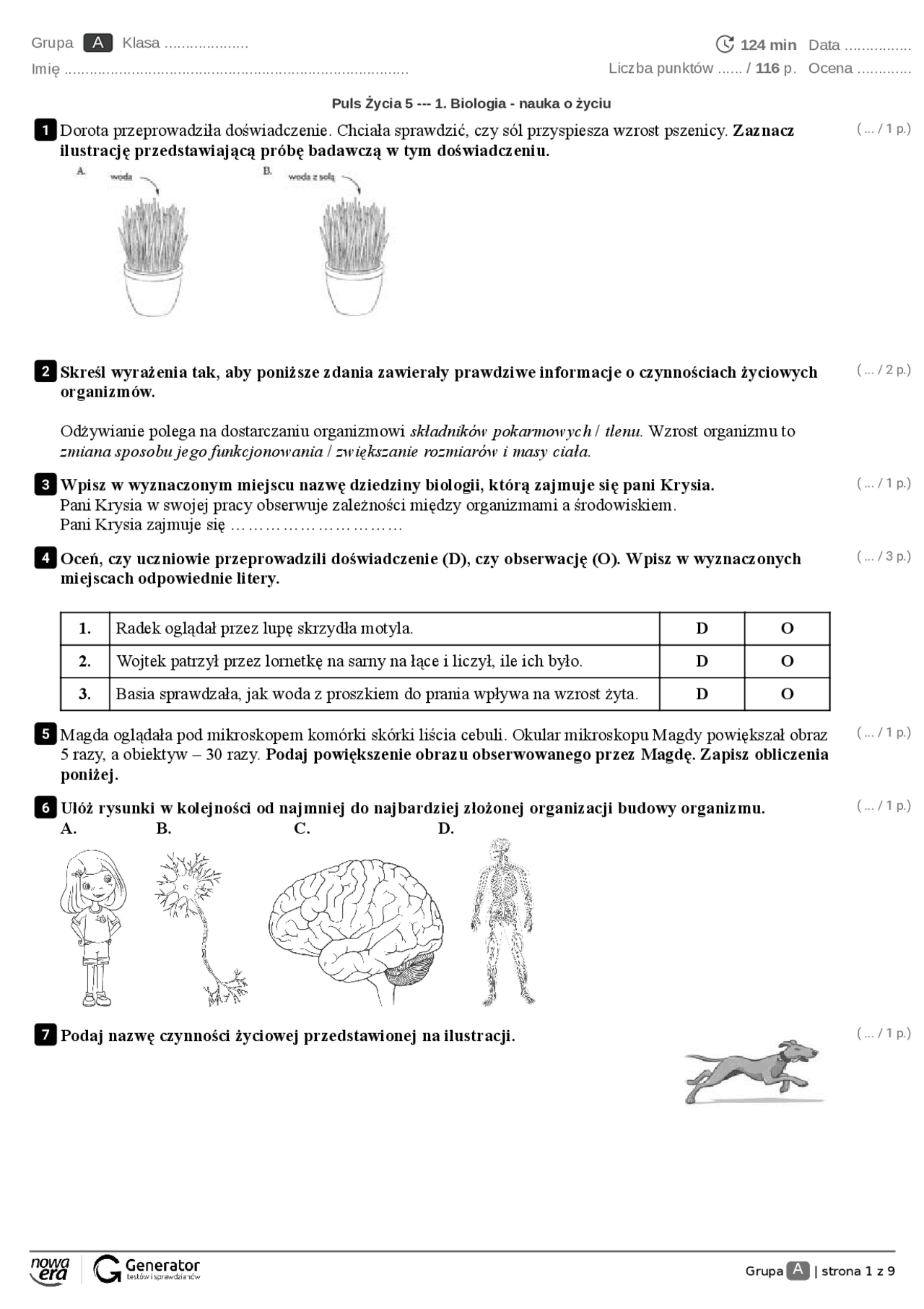 Sprawdzian Biologia Klasa 5