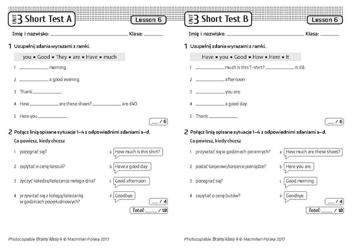 Brainy 4 Short Tests Unit 3 Lesson 6 - Photocopiable Brainy klasa 4 Focus 3 Unit 6 Test
