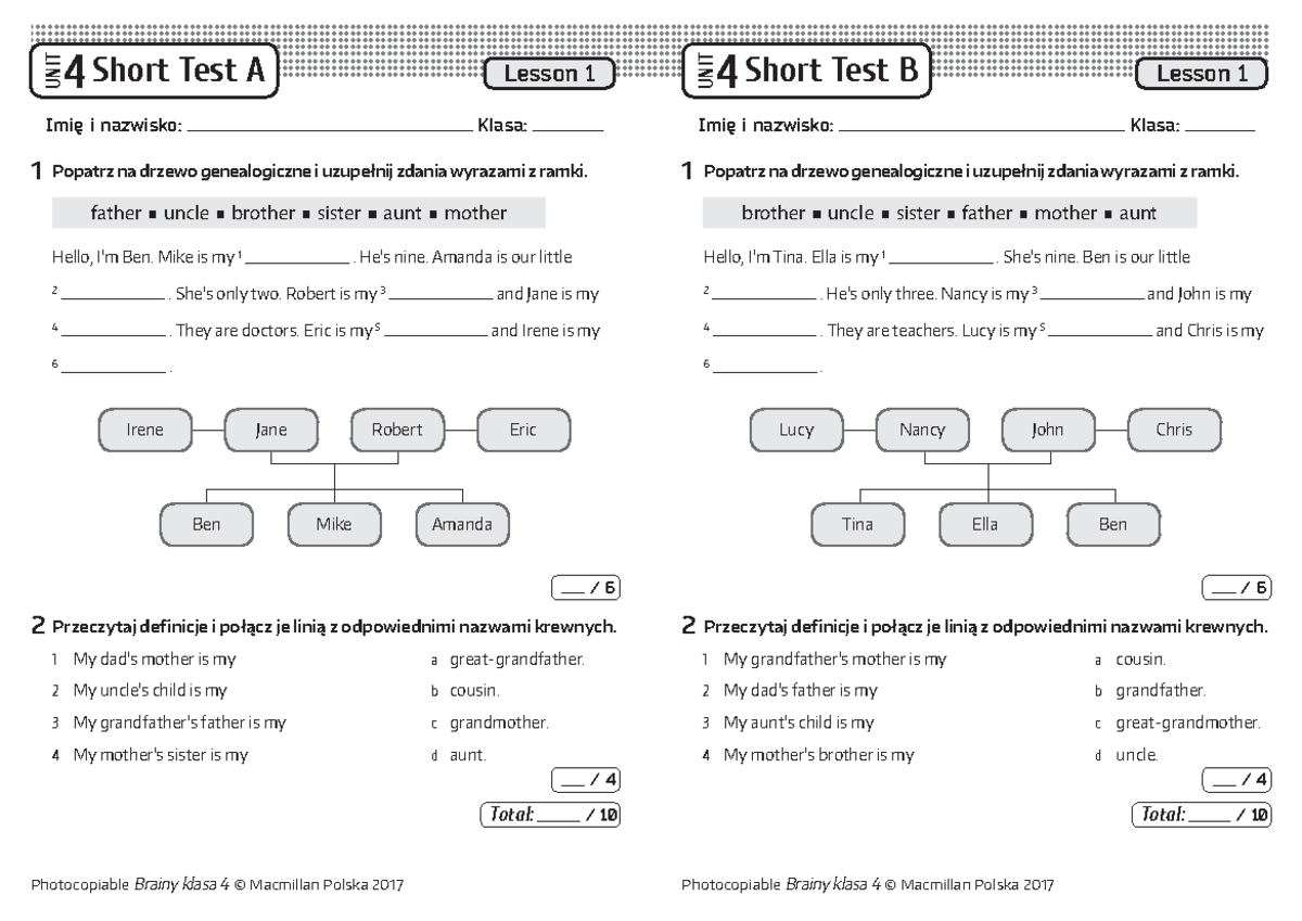 Brainy 4 Short Tests Unit 4 Lesson 1 - Photocopiable Brainy klasa 4 Klasa 4 Unit 7 Test