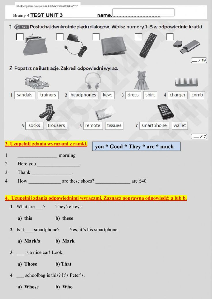 Brainy 4, Test unit 3 interactive worksheet | Possessive adjectives Brainy Klasa 4 Testy Unit 3