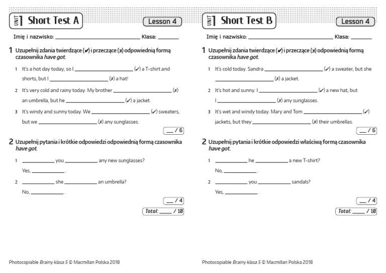 Brainy 5 Short Tests Unit 1 Lesson 4 | PDF Unit 1 Test Brainy