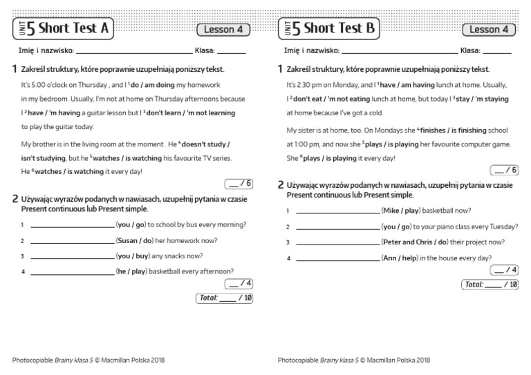 Brainy 5 Short Tests Unit 5 Lesson 4 PDF | PDF Brainy Klasa 5 Testy Pdf Unit 5