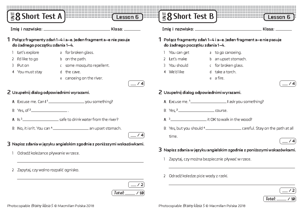 Brainy 5 Short Tests Unit 8 Lesson 6 - Imię i nazwisko: Klasa: Imię i Brainy 6 Unit 5 Sprawdzian