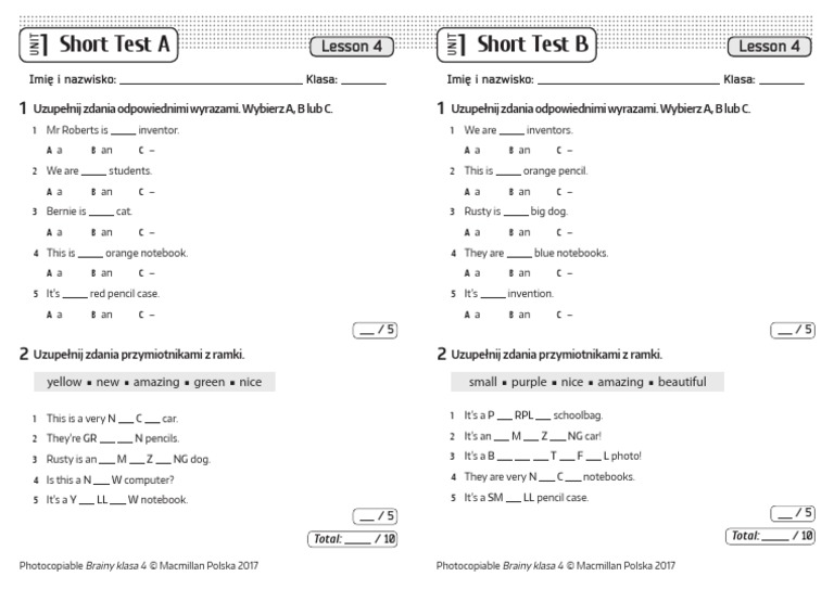 Brainy Kl4 Short Tests Unit 1 Lesson 4 | PDF Brainy Klasa 4 Testy Unit 1