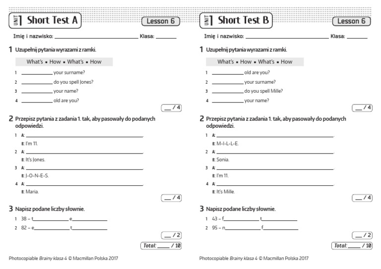 Brainy Kl4 Short Tests Unit 1 Lesson 6 | PDF Brainy Klasa 4 Unit 6 Test