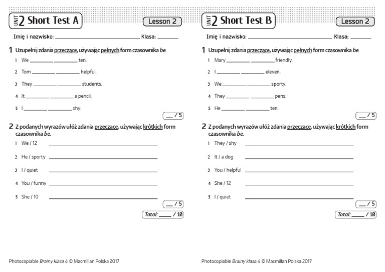 Brainy Kl4 Short Tests Unit 2 Lesson 2 | PDF Brainy Klasa 4 Testy Unit 2
