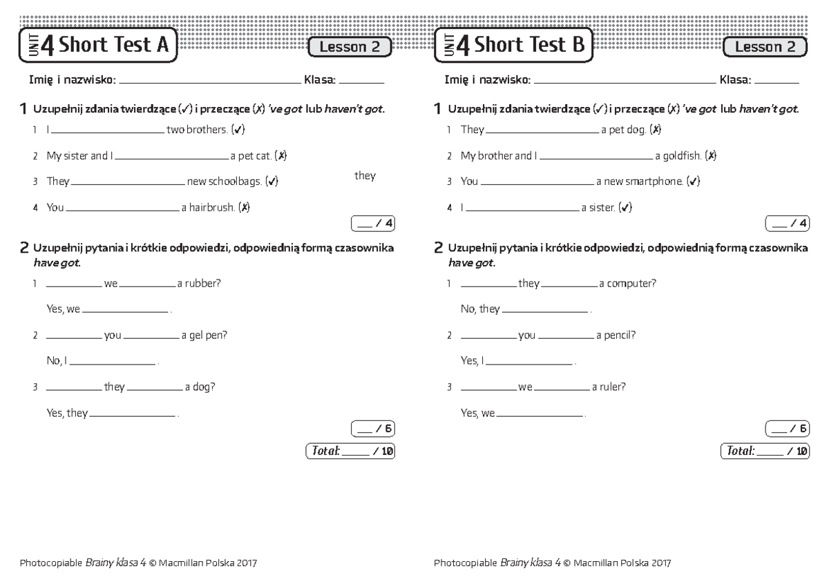 Brainy kl4 Short Tests Unit 4 Lesson 2 - Photocopiable Brainy klasa 4 Brainy Klasa 4 Testy Unit 2