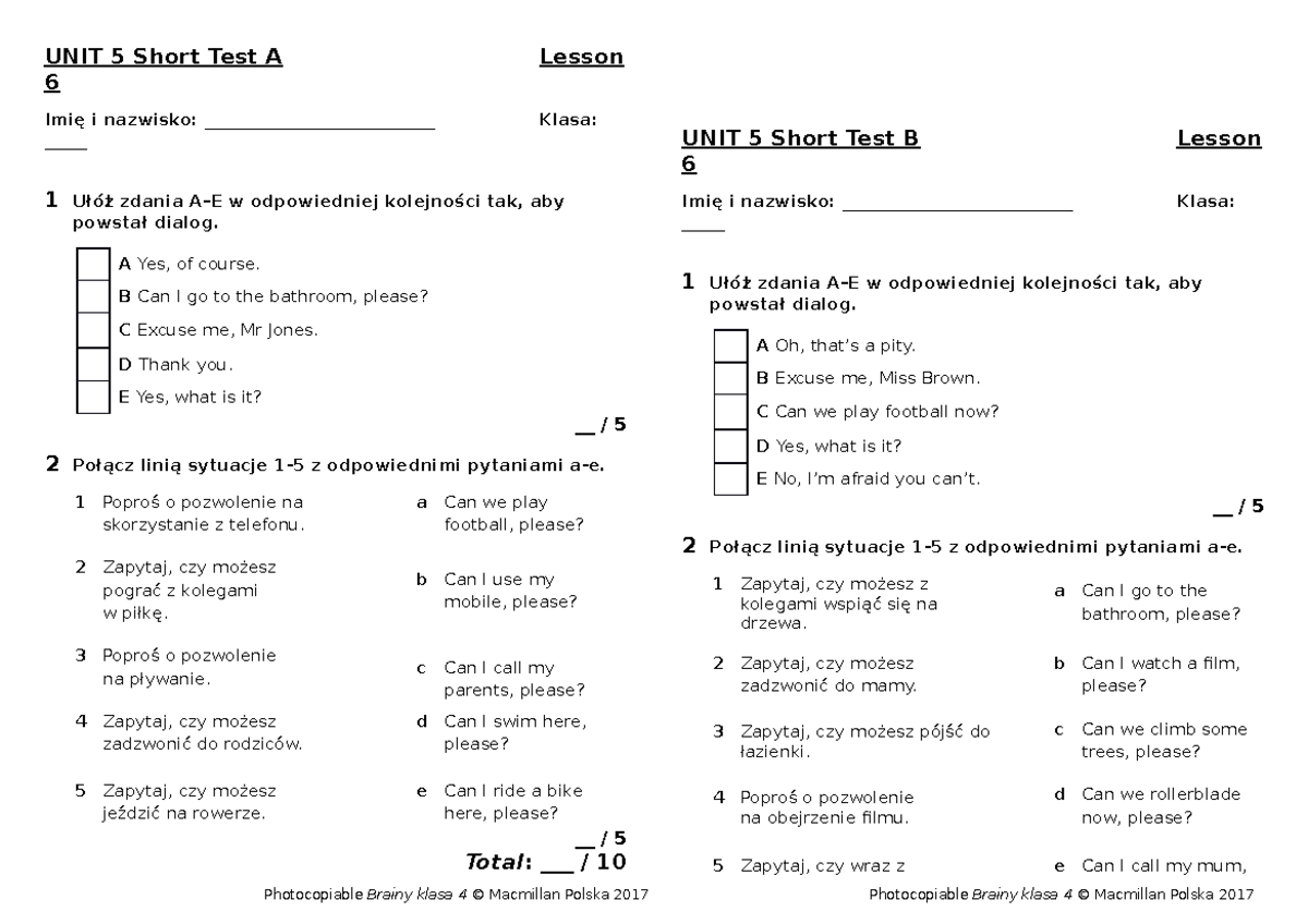 Brainy kl4 Short Tests Unit 5 Lesson 6 - UNIT 5 Short Test A Lesson 6 Flash Klasa 6 Testy Pdf