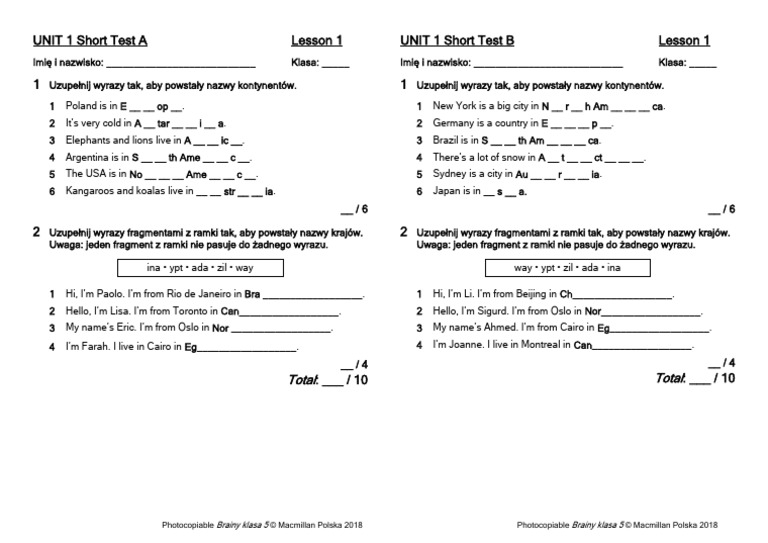 Brainy kl5 Short Tests Unit 1 Lesson 1 | PDF Brainy Klasa 5 Unit 1 Sprawdzian