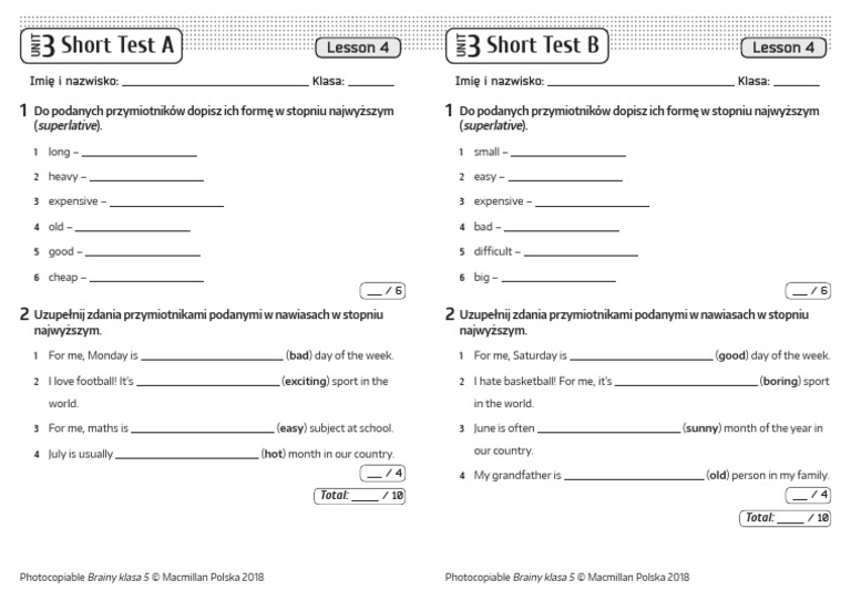 Brainy Kl5 Short Tests Unit 3 Lesson 4 | PDF Brainy Klasa 5 Unit 3