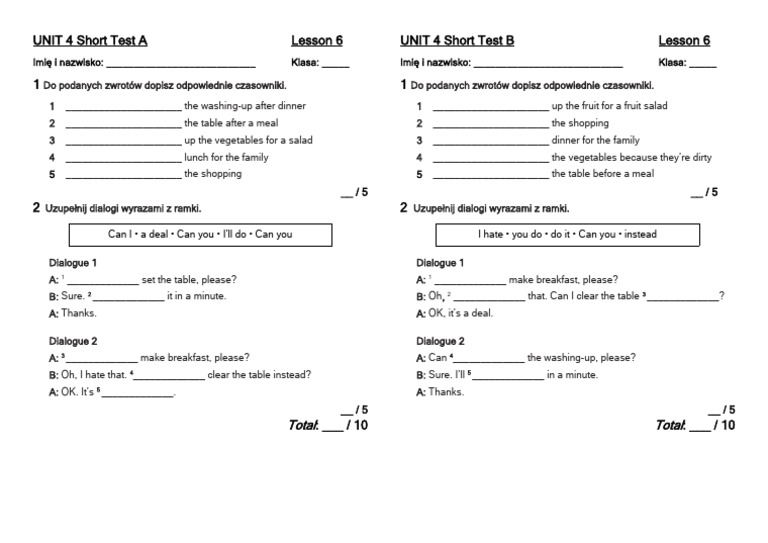 Brainy kl5 Short Tests Unit 4 Lesson 6 | PDF | Meal | Cooking Brainy Klasa 5 Testy Unit 4