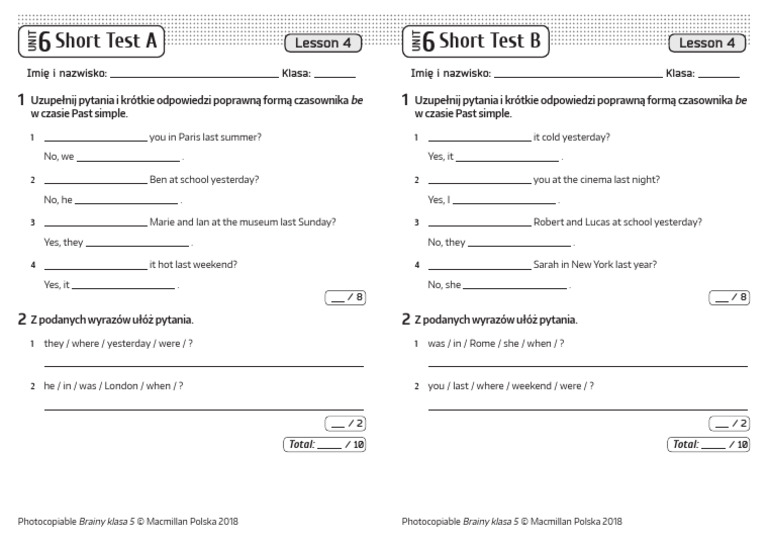 Brainy kl5 Short Tests Unit 6 Lesson 4 | PDF Link 5 Unit 6 Test