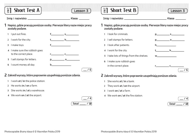 Brainy Kl6 Short Tests Unit 1 Lesson 3 | PDF Flash Klasa 6 Testy Pdf