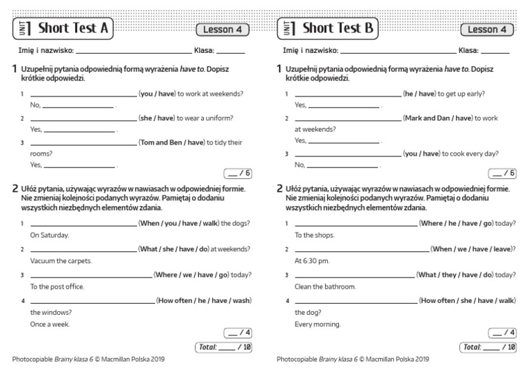 Brainy Kl6 Short Tests Unit 1 Lesson 4 | PDF Brainy Klasa 6 Test 1