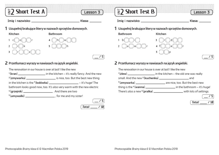 Brainy kl6 Short Tests Unit 2 Lesson 3 | PDF Brainy Klasa 6 Testy Pdf Unit 2