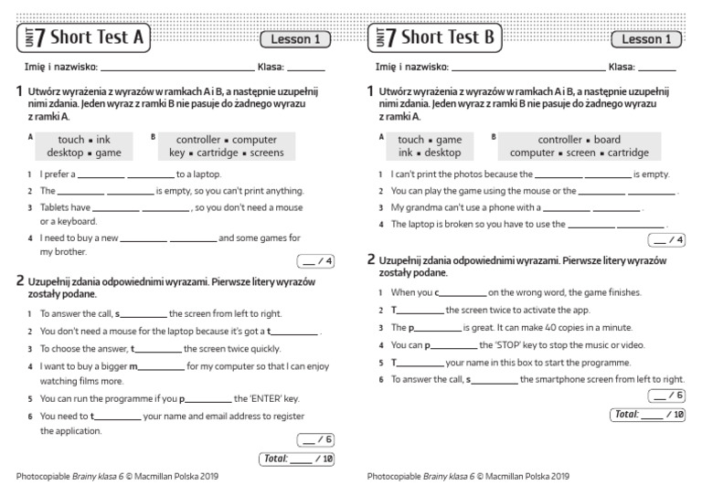 Brainy kl6 Short Tests Unit 7 Lesson 1. | PDF Brainy Klasa 6 Testy Pdf