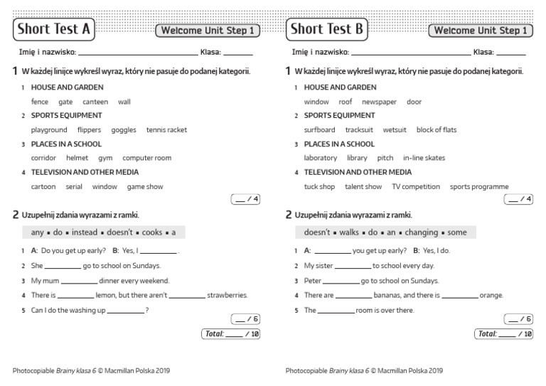 Brainy Kl6 Short Tests Welcome Unit Step 1 | PDF Brainy Klasa 6 Unit 1